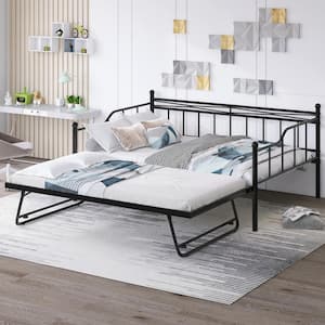 Black Full Size Metal Daybed with Twin Size Adjustable Portable Folding Trundle