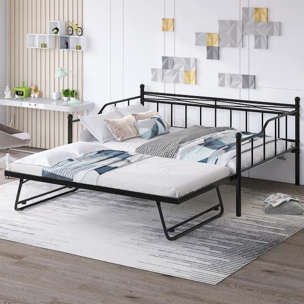 Harper & Bright Designs Black Full Size Metal Daybed with Twin Size Adjustable Portable Folding Trundle
