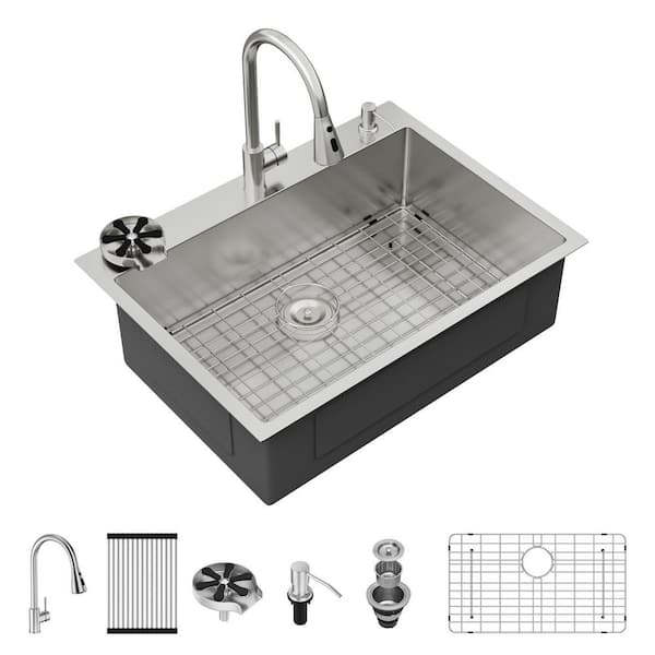 33 in. Drop-In Single Bowl 16-Gauge Stainless Steel Kitchen Sink with Pull Down Faucet and Bottom Grid