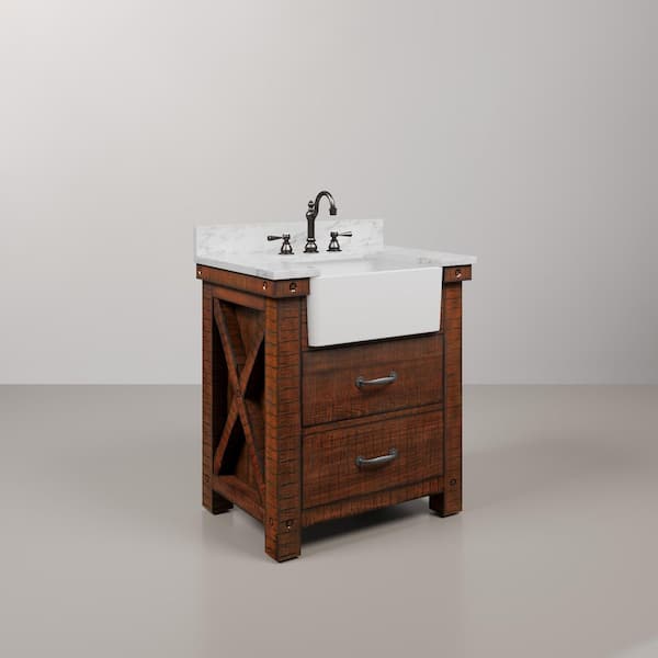 Paisley 31 in. W x 22 in. D Vanity in Rustic Sienna with Marble Vanity Top in White with White Basin, Faucet and Mirror