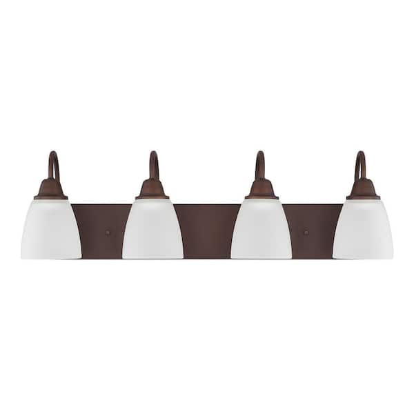 30 in. W x 8.5 in. H x 8 in. E 4-Light Acid Washed Glass Vanity Light in Bronze