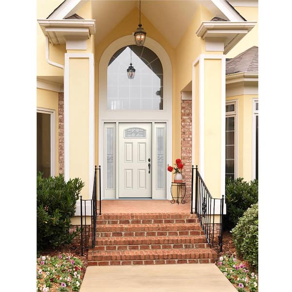 60 in. x 80 in. Left-Hand Camber Top Caldwell Decorative Glass Primed Fiberglass Prehung Front Door w/Sidelites