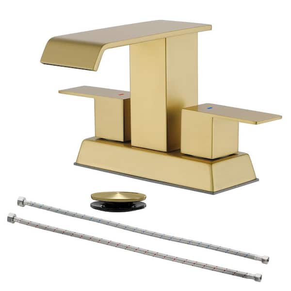 FLG 4 in. Centerset Double Handle Waterfall Bathroom Faucet with Drain Stainless Steel Sink Basin Vanity Tap in Brushed Gold