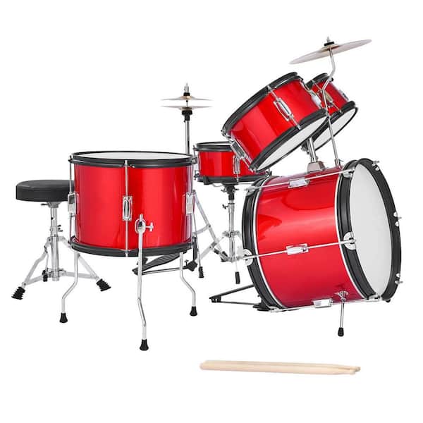 Kids Drum Set 5Pcs 16in. Junior Drum Sets Beginner Drums Set 2 Pairs of Drumsticks for Children Ages 6-13 (Red)