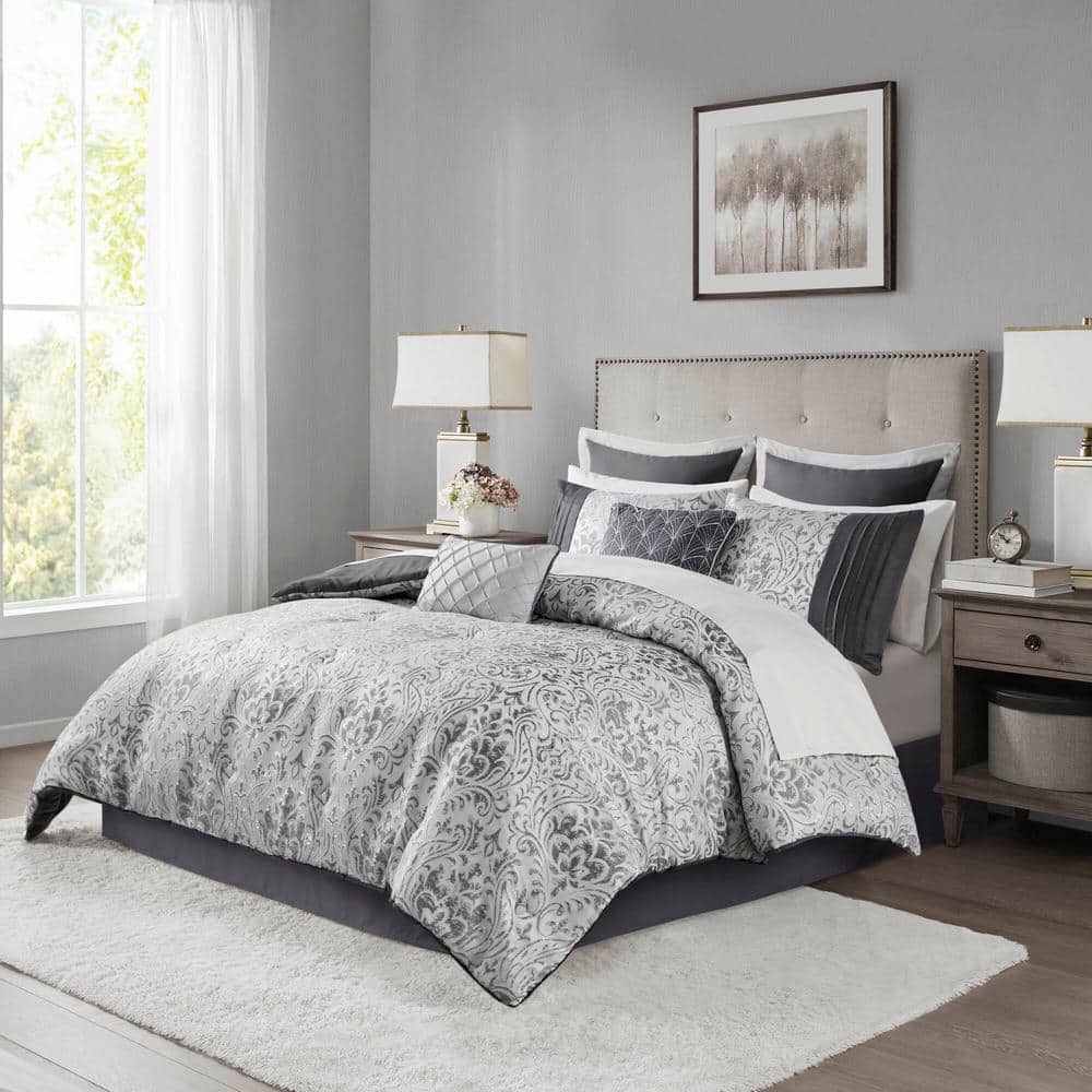 Silver Jacquard Queen Bed in a Bag Set with Microfiber Sheets