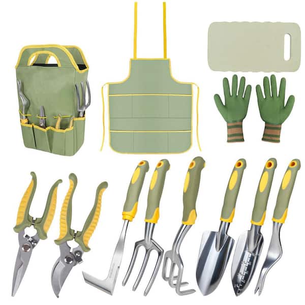 12-Piece Green Garden Tool Set with Rubber Handle, Garden Apron, Gloves, Kneeling Pad and Storage Bag