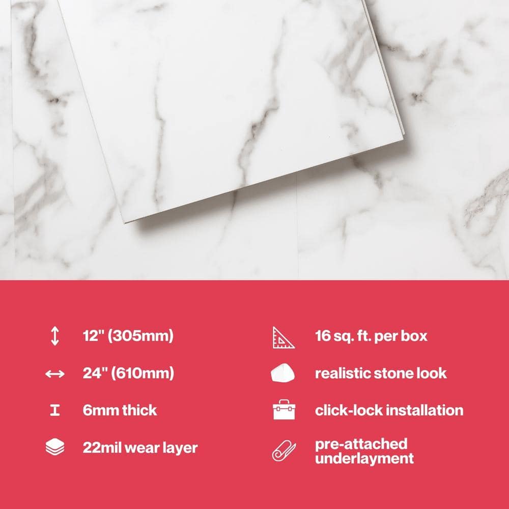 Calacatta White Marble Look 12" x 24" Vinyl Tile Flooring