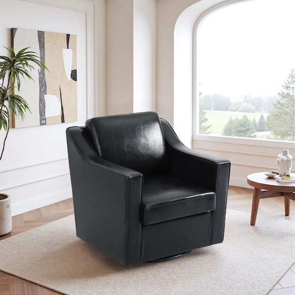 Black Faux Leather Upholstered Swivel Accent Barrel Chair(Set of 1)
