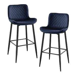 Chevre 29 in. Black Metal Pub Height Chair with Blue Velvet Seat (Set of 2)