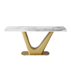 70.87 in. Pandora Sintered Stone Tabletop Bottom V Gold Pedestal Base Dining Table (Seats 6)