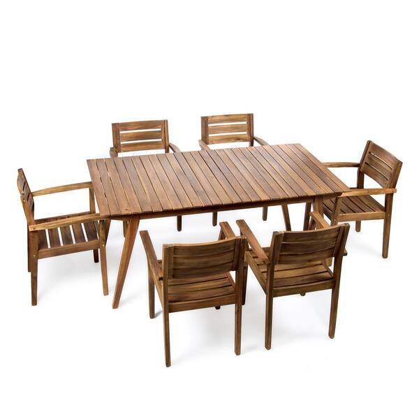 Noble House Teak Finish 7-Piece Wood Rectangular Outdoor Patio Dining ...
