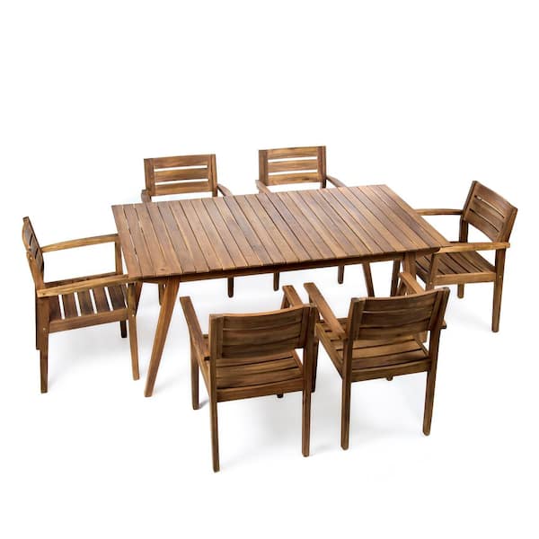 Noble House Teak Finish 7-Piece Wood Rectangular Outdoor Dining Set