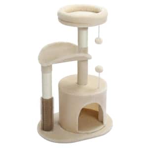 Small & Medium Cats Tree 32.7" Cat Tower with Self Groomer Brush Sisal Scratching Post Dangling Ball in Beige