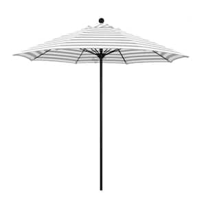 9 ft. Black Aluminum Commercial Market Patio Umbrella with Fiberglass Ribs Push Lift in Gray White Cabana Stripe Olefin