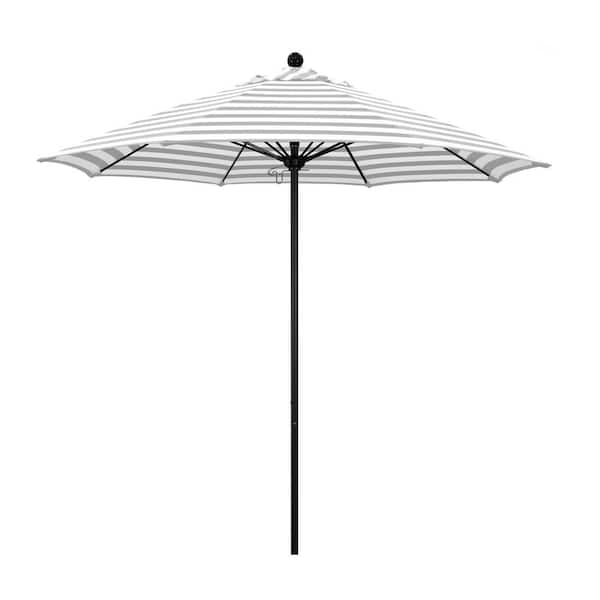 California Umbrella 9 ft. Black Aluminum Commercial Market Patio Umbrella with Fiberglass Ribs Push Lift in Gray White Cabana Stripe Olefin
