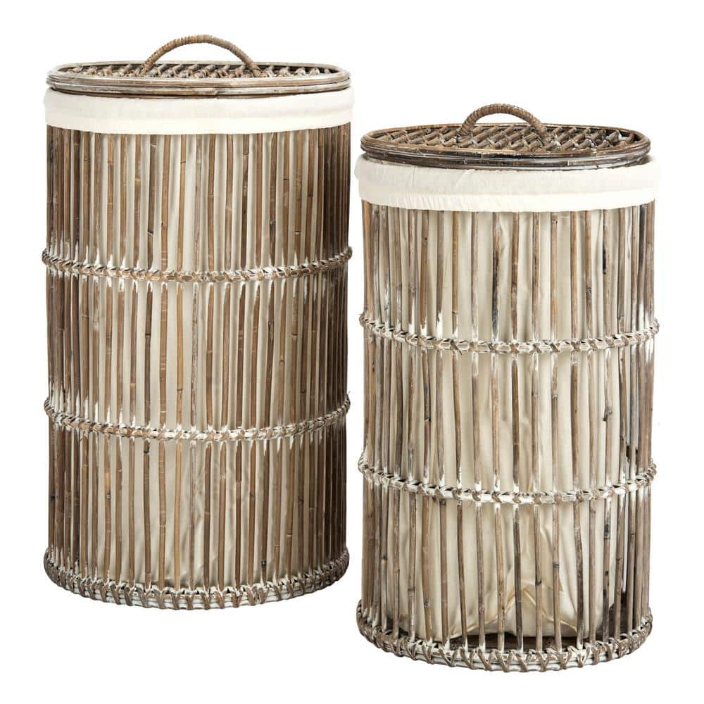 White Wash Rattan Cylinder Laundry Hampers with Removable Lids