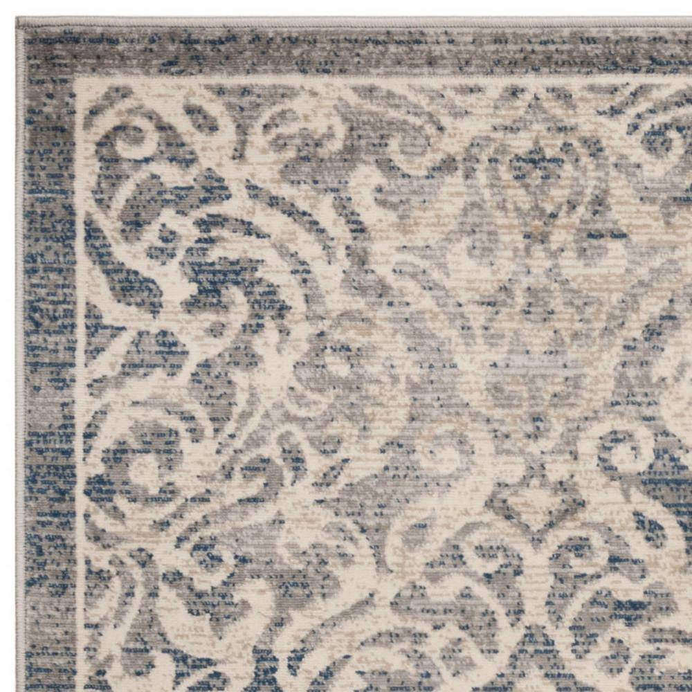Light Grey and Blue Damask Low Pile Area Rug