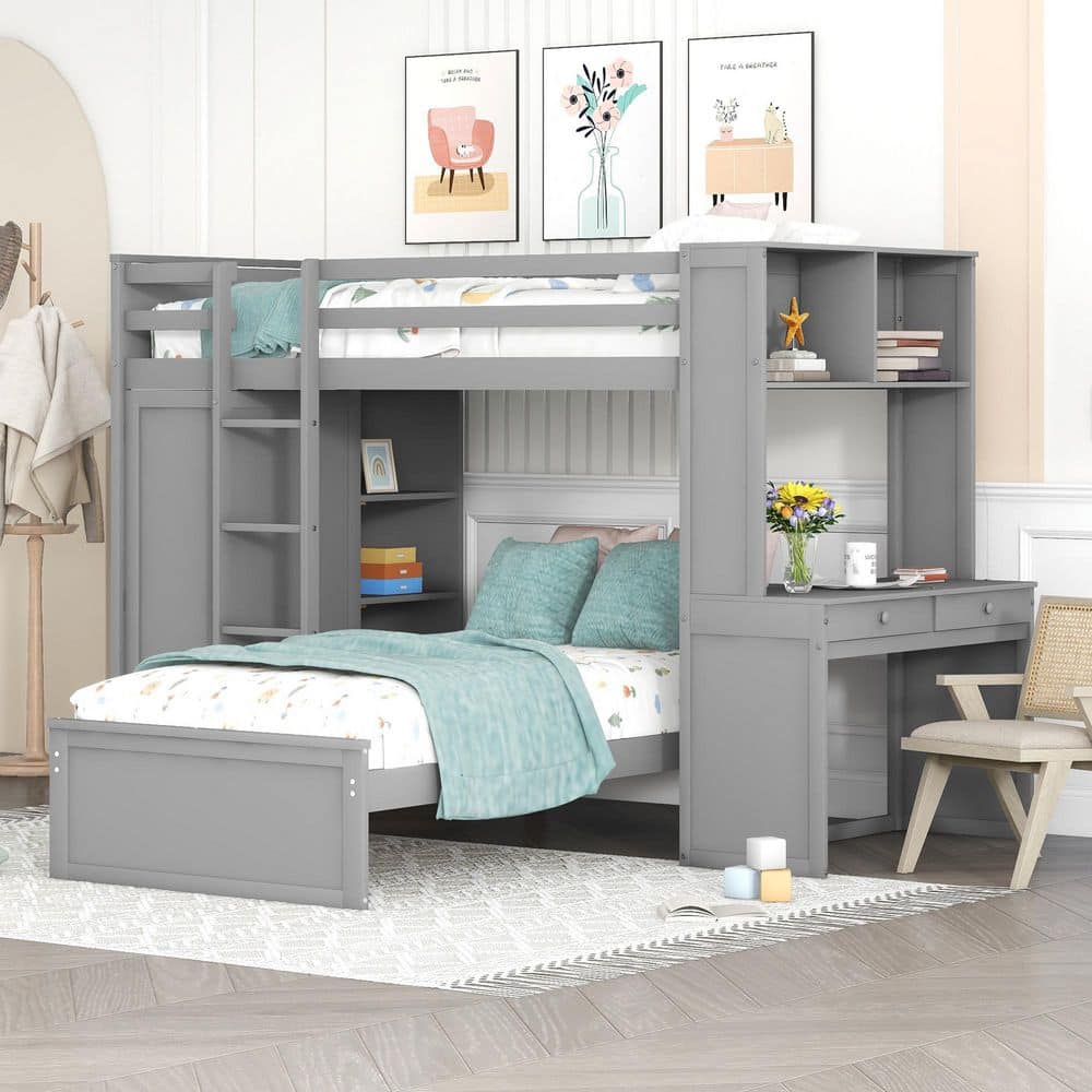 Harper & Bright Designs Gray Twin Size Wood Bunk Bed with Wardrobe ...