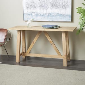 32 in. x 59 in. Light Brown Rectangle Wood Console Table with Flared Legs and Crossed Beams