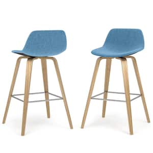 Randolph 26 in Mid Century Modern Bentwood Counter Height Stool (Set of 2) in Medium Blue Polyester linen