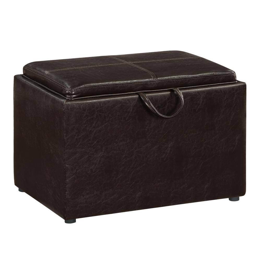 Espresso faux leather storage ottoman with a cushioned lid and front handle.