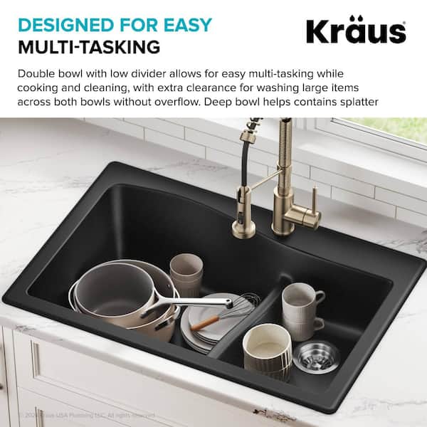 Kraus Quarza 33-in x 22-in Double Offset Bowl Drop-In or Undermount 1-Hole Commercial/Residential Kitchen Sink Kraus Quarza 33-in x 22-in Double Offset Bowl Drop-In or Undermount 1-Hole Commercial/Residential Kitchen Sink
