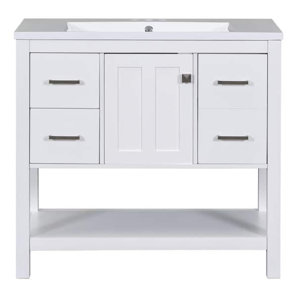Unbranded 36 in. W x 18 in. D x 34 in. H Freestanding Bath Vanity in White with White Resin Top with USB and Drawers