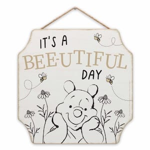 11 in. White Wood Spring, Summer Winnie the Pooh Bees and Flowers It's a Bee-Utiful Day Rope Hanging Wall Decor