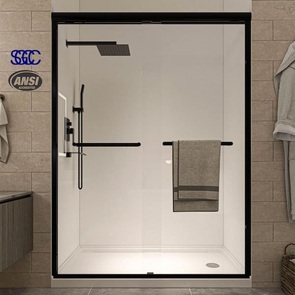 56 in. to 60 in. W x 72 in. H Sliding Framed Shower Door in Matte Black with Clear Glass Double Sliding Reversible