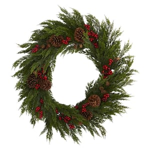 32 in. Cypress with Berries and Pine Cones Artificial Wreath