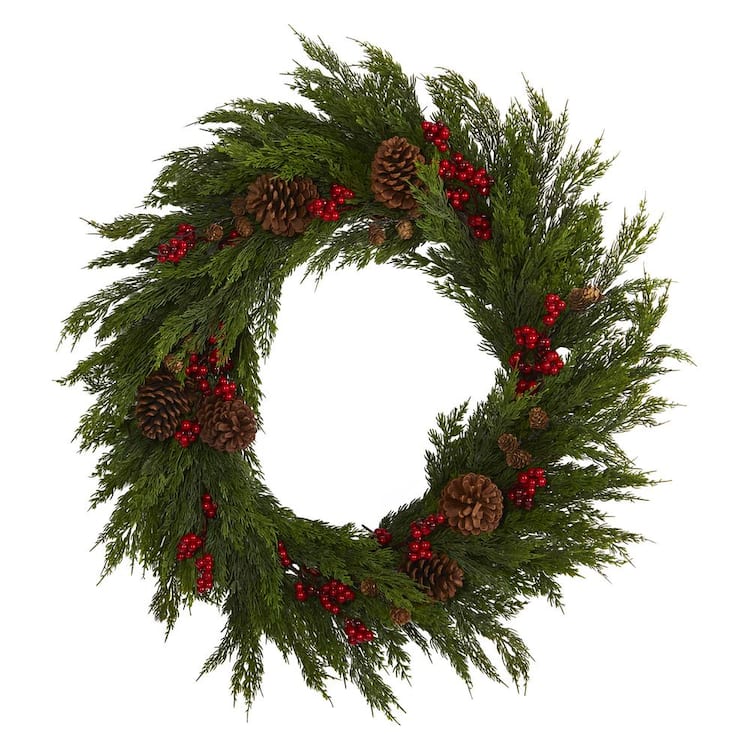 Nearly Natural 32 in. Cypress with Berries and Pine Cones Artificial Wreath