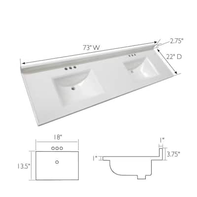 Camilla 73 in. W Cultured Marble Vanity Top in Solid White w/Solid White Double Rectangle Basin and 4 in. Faucet Spreads