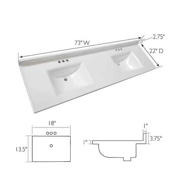 Camilla 73 in. W x 22 in. D Cultured Marble White Rectangular Double Sink Bathroom Vanity Top in Solid White