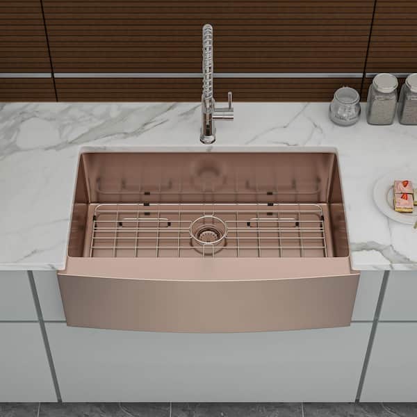 36 in. in Farmhouse Apron Front Single Bowl 16 Gauge Rose Gold Stainless Steel Kitchen Sink with Bottom Grids