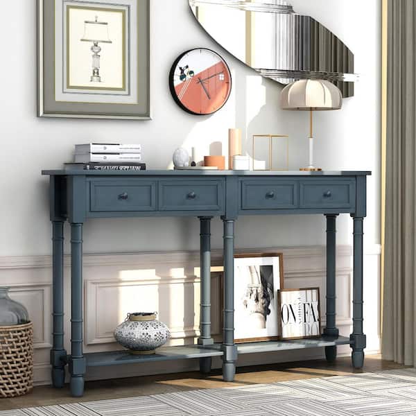 Qualfurn 58 In Rectangle Antique Navy Wood Console Table With 2 Storage Drawers Ctm191266m Qualfurn 58 In Rectangle Antique Navy, Console Table Under 100cm