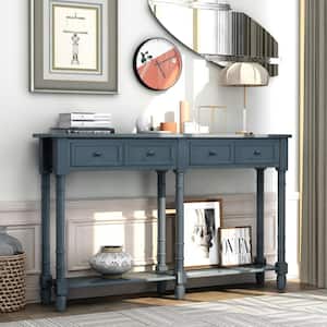 58 in. Antique Navy Rectangle Wood Long Console Table Sofa Table with 2-Drawers and Bottom Shelf for Living Room