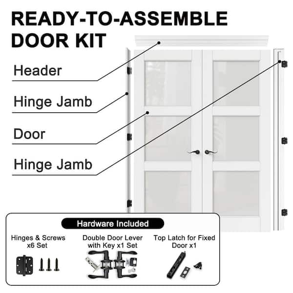 72 in. x 80 in. 3-Lite Frosted Glass Universal White Solid Core Glass Double Prehung French Door + Quick Assemble Jamb