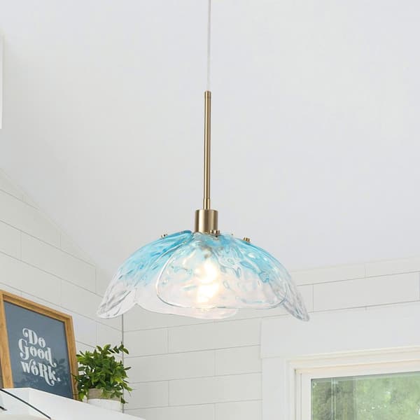 ZJVAIVE 1 Light Brass Frame Industrial Hanging Pendant Light Chandelier with Blue Glass Shade