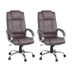 Faux Leather Adjustable Height High Back Executive Office Chair in Brown Set of 2