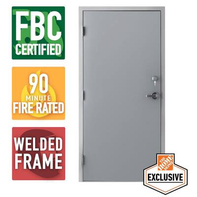 36 in. x 84 in. Right-Hand Gray Steel Mill Primed Prehung Commercial Door, 90-Minute Fire Rating, FBC Compliant