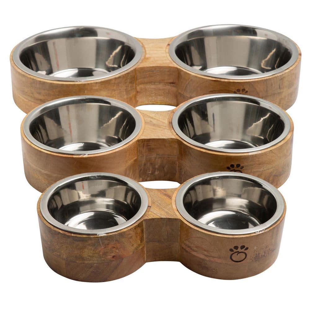 Small Mango Wood Elevated Double Pet Feeder with Stainless Steel Bowls