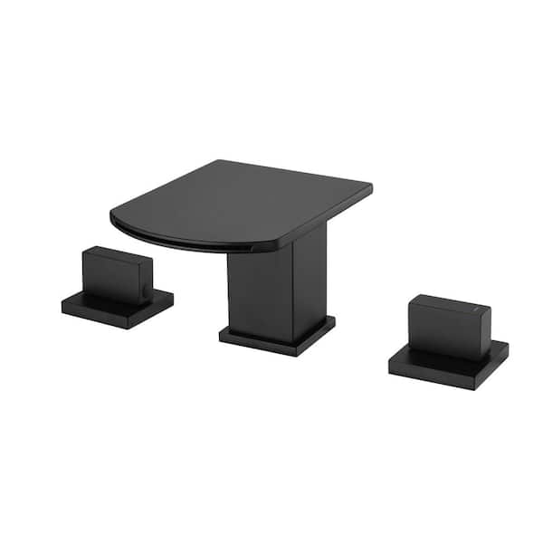 AIMADI 8 in. Widespread Double Handle Waterfall Bathroom Faucet with Valve 3-Hole Brass Bathroom Sink Taps in Matte Black