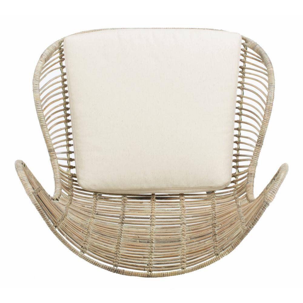 Transitional Beige Rattan Wingback Armchair with White Wash Finish