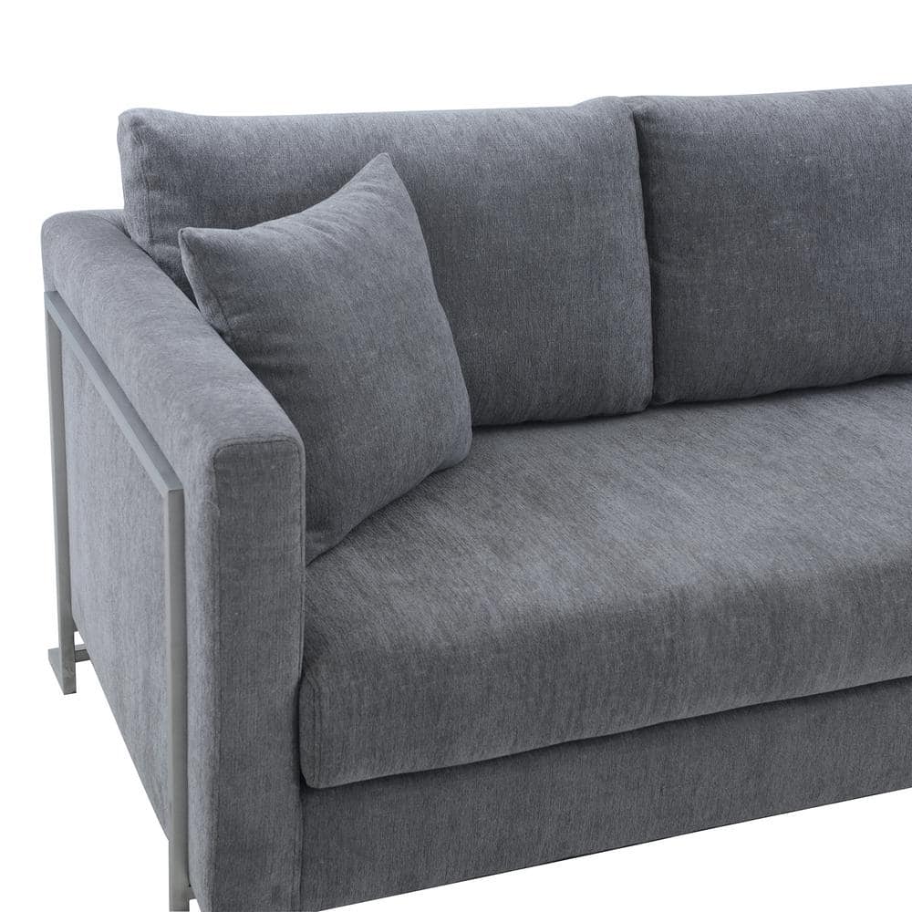 Heritage 91" Gray Leather Stationary Sofa with Wood Legs