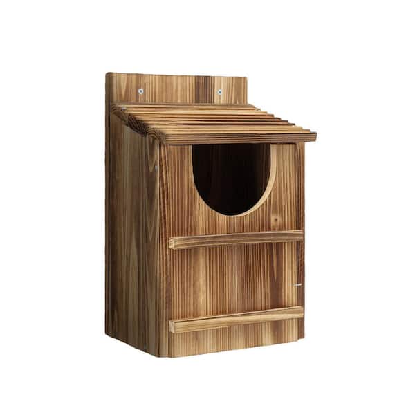 14.6 in. H Wood Birdhouse Owl House, Carbonized Cedar Large Owl Bird Box with Shavings, Owl Nesting Box-Brown