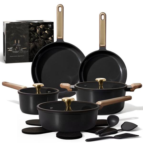 16-Piece Black Aluminum Cookware Set with Lids, RV/Camping Cookware Set, Pots and Pans Set, Nonstick, Dishwasher