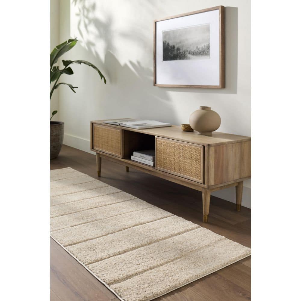 Taupe High Pile Striped Synthetic Area Rug