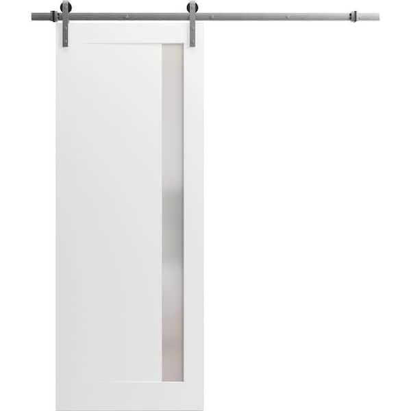 28 in. x 84 in. 1 Panel Frosted Glass Painted White Solid Wood Sliding Barn Door with Hardware Kit
