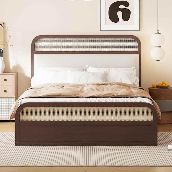 Espresso Brown Wood Frame Queen Upholstered Platform Bed with Trundle and 2 Drawers