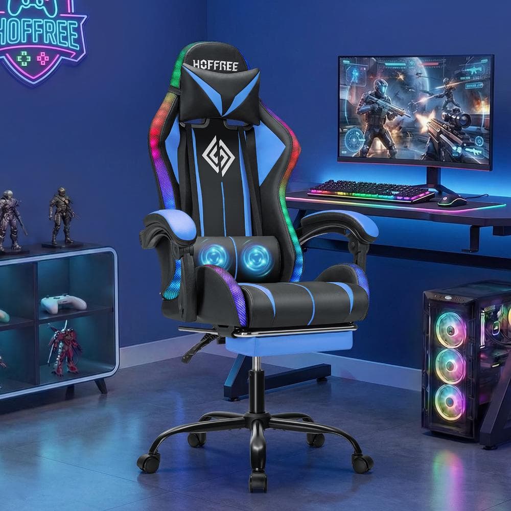 Faux Leather Massage Reclining Ergonomic Gaming Chair in Blue/Black with LED Lights Adjustable Arms